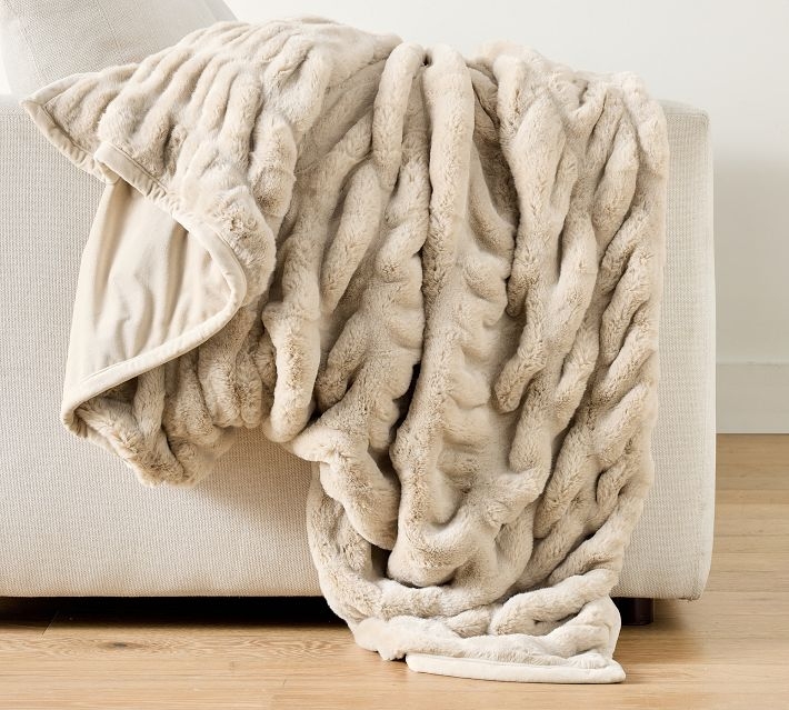 Cozy Faux Fur Throw Blanket with Ruched Texture and Neutral Gradient