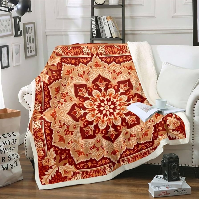 Cozy Sherpa Lined Throw Blanket with Vibrant Oriental Mandala Pattern