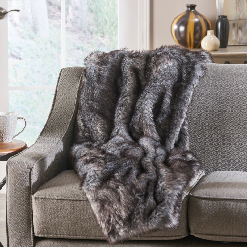 Cozy Taupe Faux Fur Throw with Rectangular Shaggy Pile