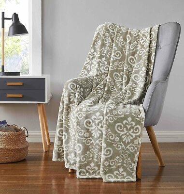 Cream Burgundy Floral Damask Print Throw Blanket, Fleece, Botanical Throw