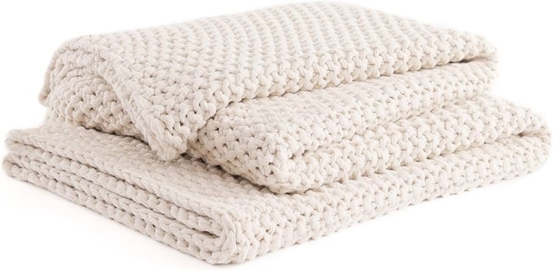 Cream Chunky Cable Knit Throw, Oversized Loops and Tassels Boho Style