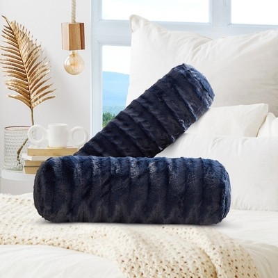 Cream Faux Fur Bolster Pillows, Shaggy Cylindrical Set