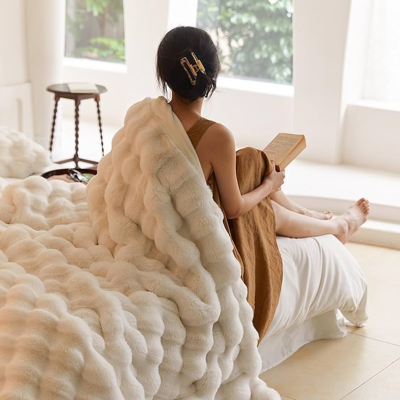 Cream Faux Rabbit Fur Throw Blanket with Plush High Pile Texture