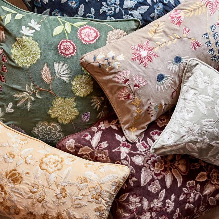 Cream Floral Embroidered Throw Pillow, Sand Velvet Base, Traditional Style