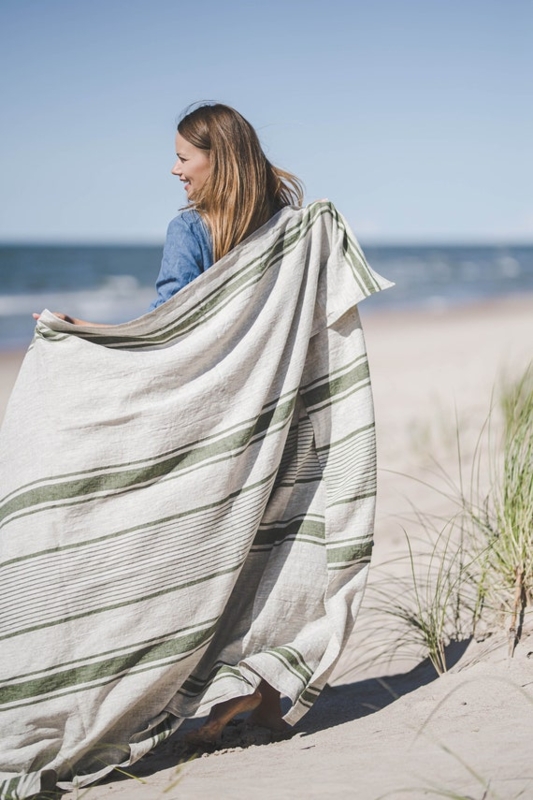 Cream Linen-Like Throw Blanket with Striped Border and Fringe