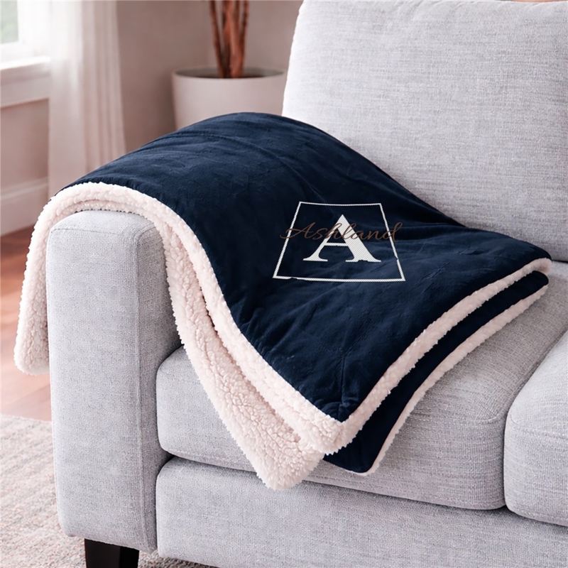 Cream Sherpa Throw Blanket Navy Embroidery Boucle Like Texture