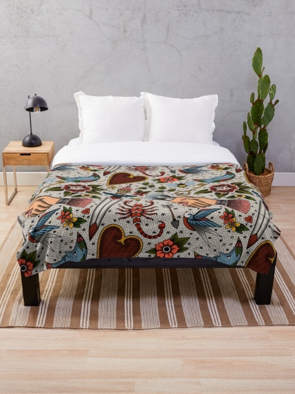 Cream Throw Blanket with Illustrative Tattoo Flash Pattern