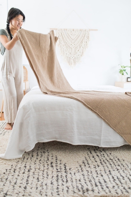 Cream Waffle Throw Blanket with Tactile Depth and Hemmed Edge