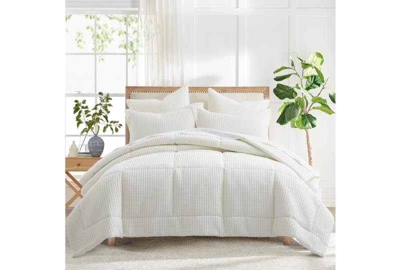 Cream Waffle Weave Bedding Set, Scandinavian Modern Textured Comforter