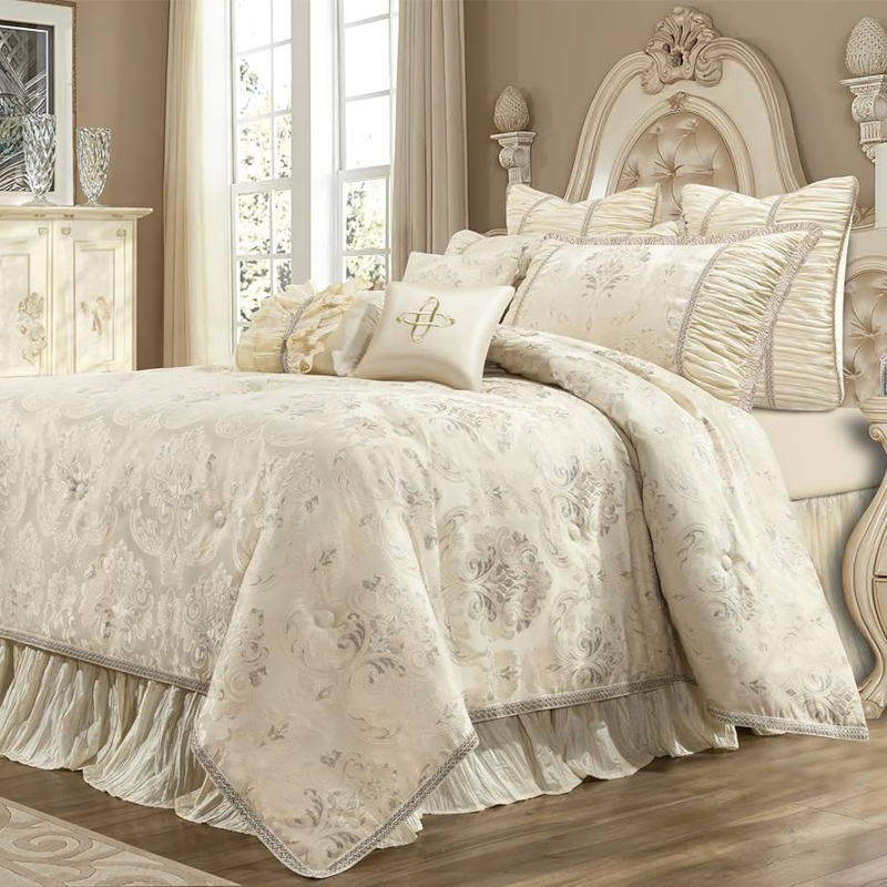 Creamy Apricot Floral Jacquard Comforter Set Traditional Style