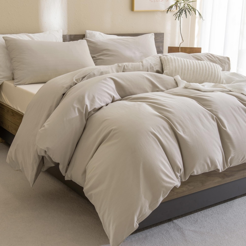 Crinkle Texture Comforter Set, Linen Look Cream Japandi Style Bedding