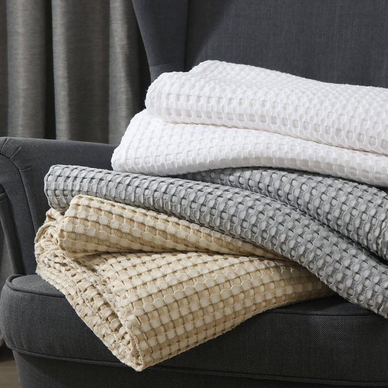 Crisp White Bed Blanket, Deep Waffle Weave Texture Layers