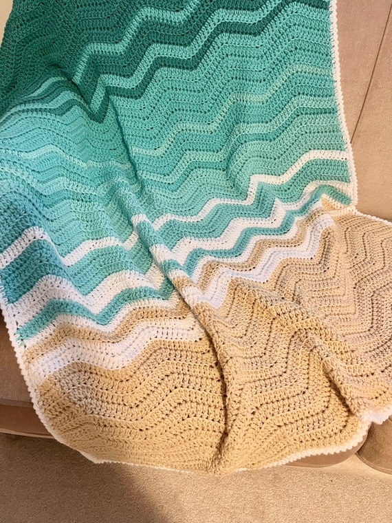 Crochet Ripple Stitch Throw Blanket, Blue Ocean Gradient