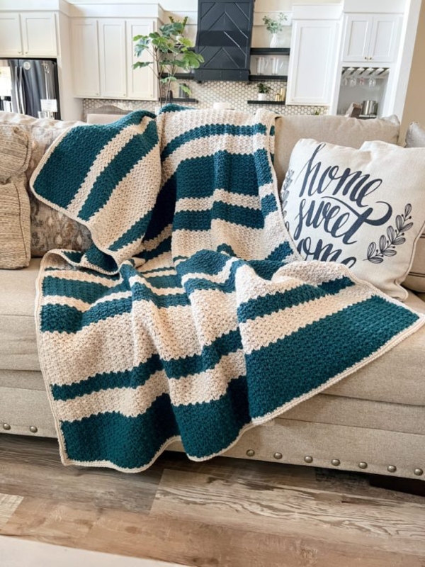 Crocheted Throw Blanket Chunky Wattle Stitch Stripes, Striped Crochet