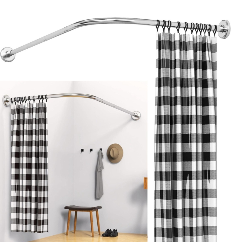 Curved Shower Curtain Rod Polished Finish Wall Mounting Flanges Modern