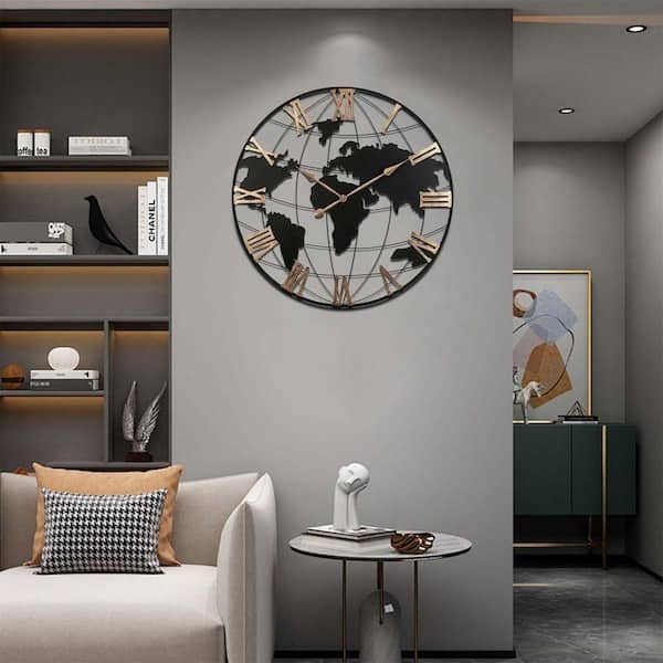 Cutout Wall Clock World Map Detail Roman Numerals Black Gold