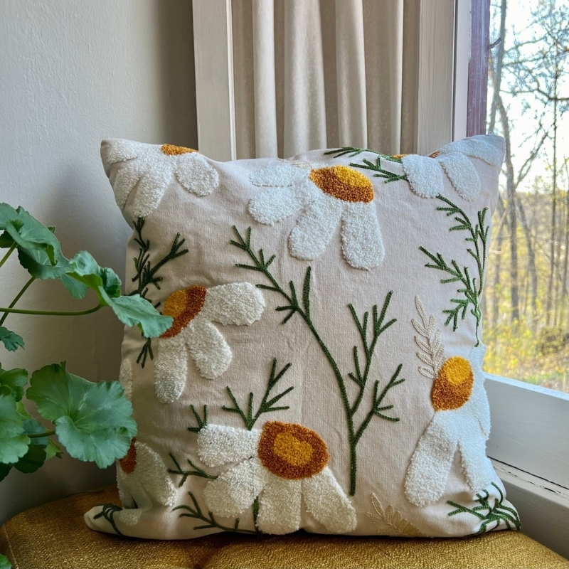 Daisy Embroidered Throw Pillow Cover, Cream Woven, Piped Edges, Cottagecore