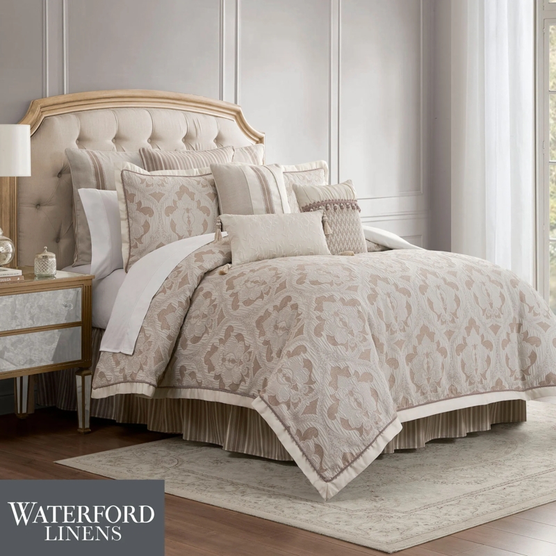 Damask Jacquard Comforter Set Corded Edges Traditional Ivory Luxury