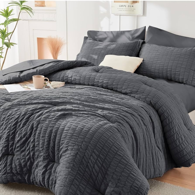 Dark Grey Seersucker Comforter Set Textured Minimalist Bedding