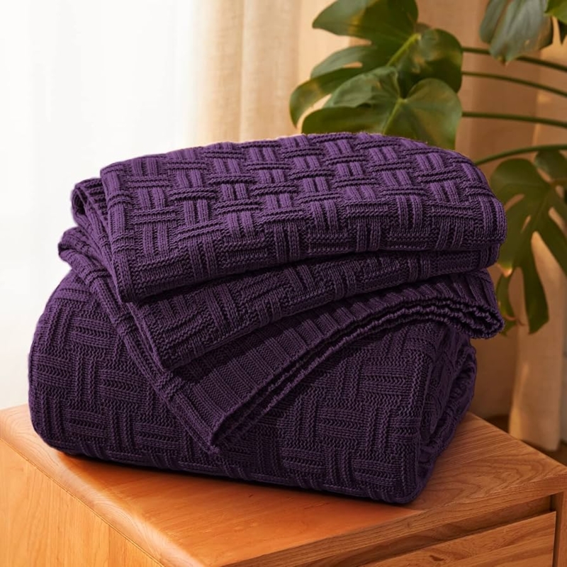 Dark Purple Cable Knit Throw Blanket, Cozy Knit Throw