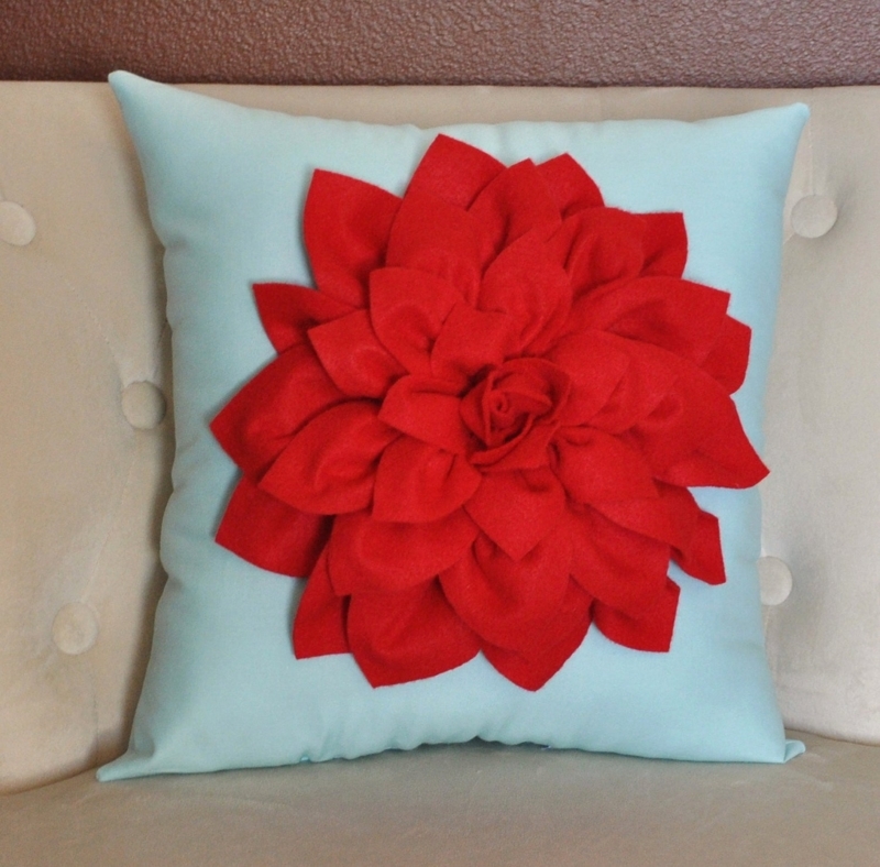 Decorative Pillow Aqua with Red 3D Floral Applique Felt-Like Texture