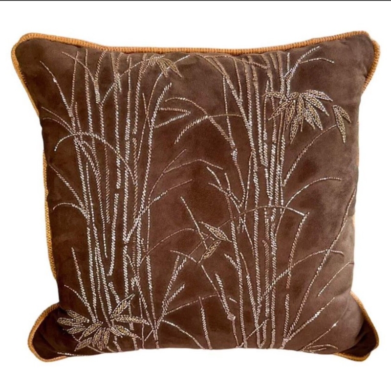 Decorative Pillow Bamboo Beading Motif Chocolate Micro Suede