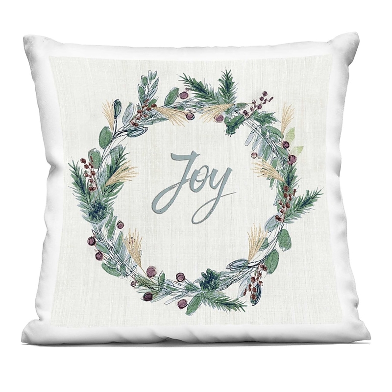 Decorative Pillow: Holiday Wreath Motif, Hand-Lettered Text, Festive.