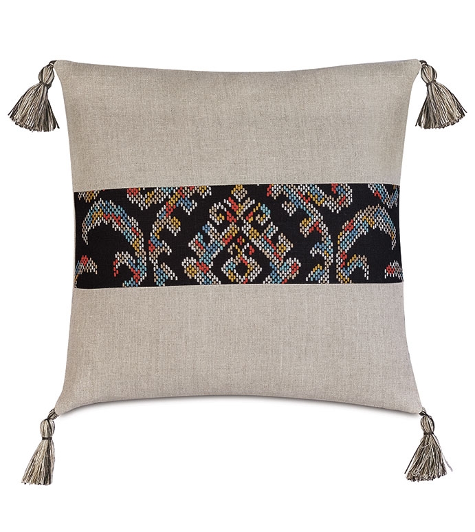 Decorative Pillow Navy Geometric Embroidery Cushion Accent Cream Tassels