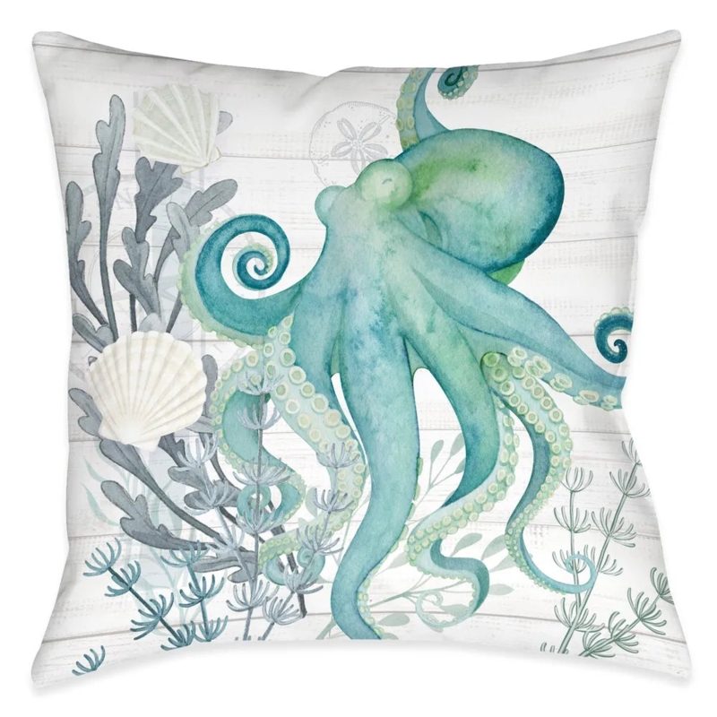 Decorative Pillow Octopus Graphic Teal Distressed Outdoor Accent