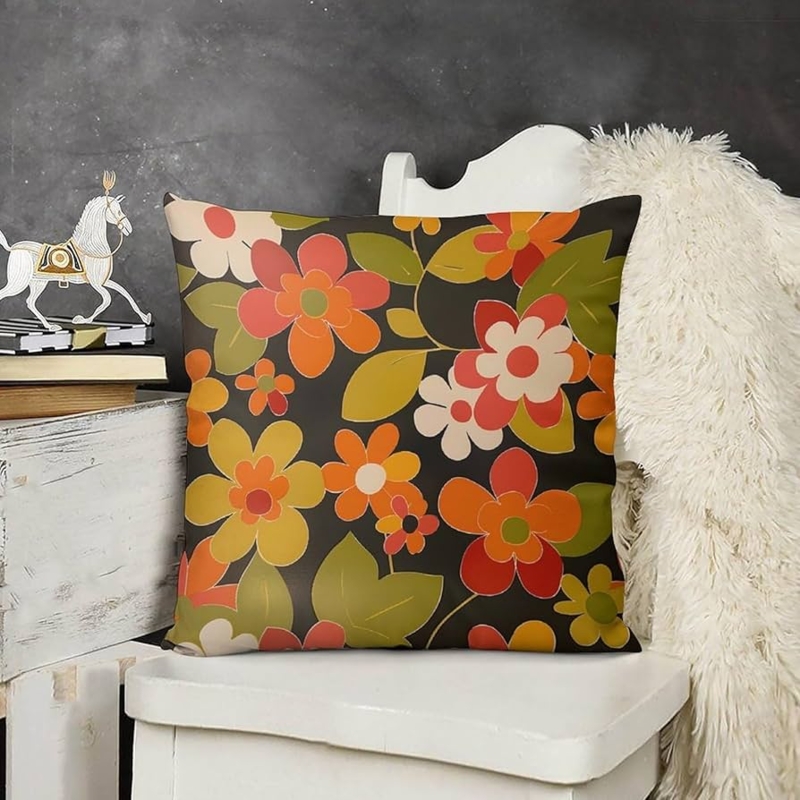 Decorative Pillow: Retro 1960s Floral Pattern, Orange and Brown Earth Tones