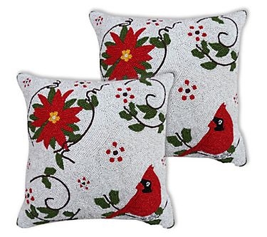 Decorative Pillow Set: Beaded Character Motifs, Holiday Fireplace Style.