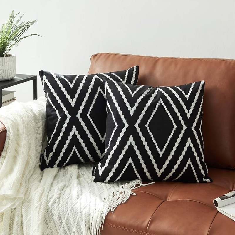 Decorative Pillow Set: Black and White Tufted Aztec with Tassels, Boho.
