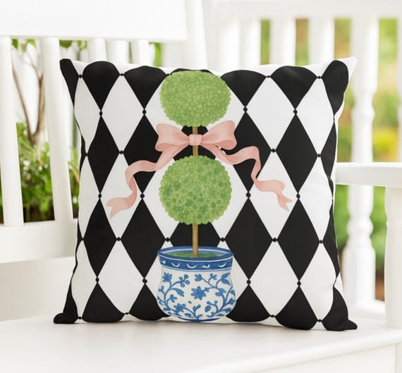 Decorative Pillow Topiary Graphic Harlequin Border Chinoiserie Preppy