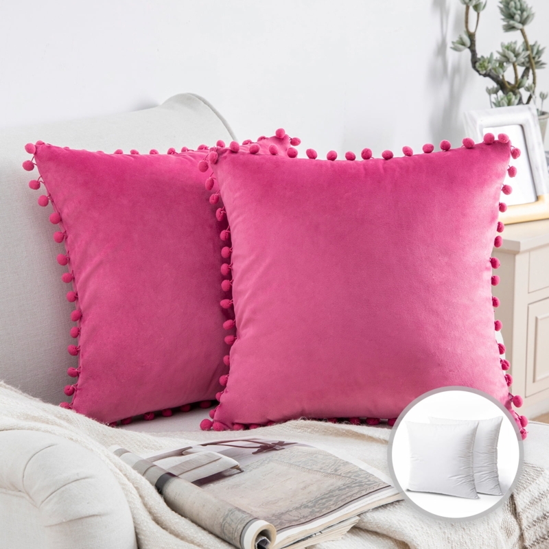 Decorative Pillow with Pom Pom Fringe, Soft Sheen Velvet, Blush Pink