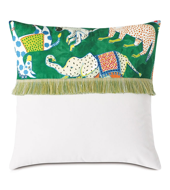Decorative Pillow with Vibrant Abstract Painterly Print and Brush Fringe