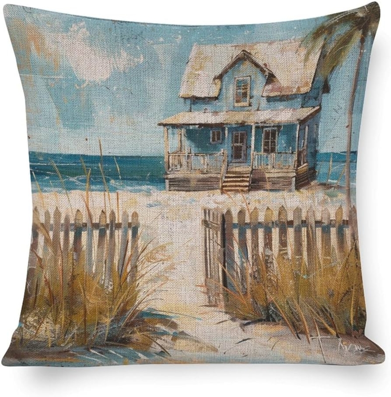 Decorative Throw Pillows with Botanical Print on Linen-Like Fabric