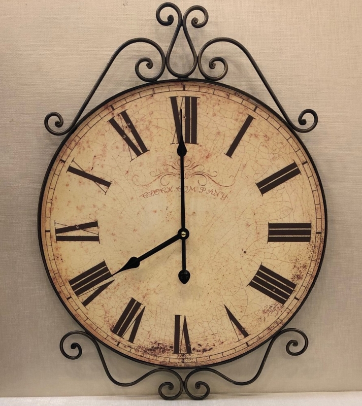 Decorative Wall Clock with Black Metal Scrollwork Frame & Distressed Face