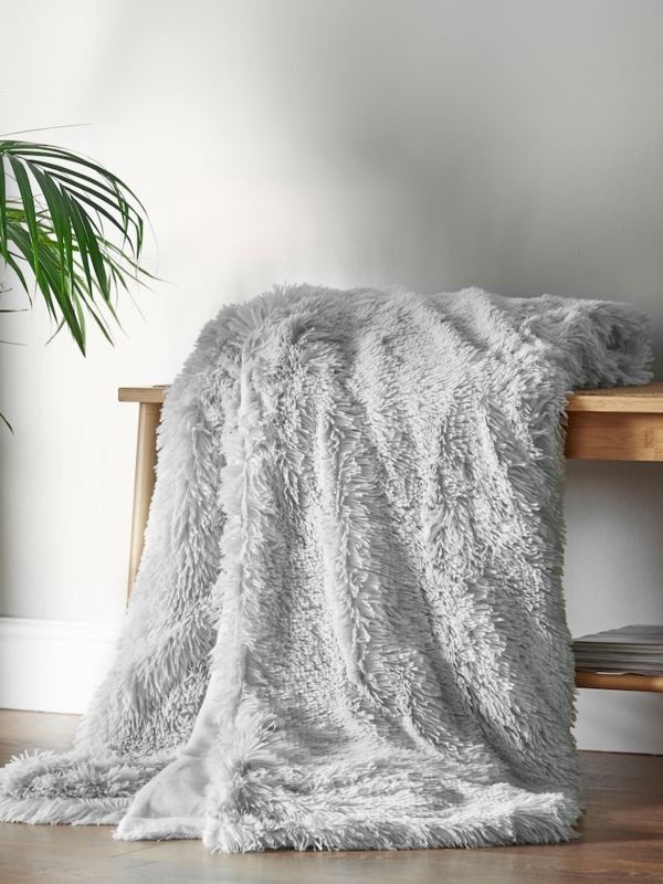 Deep Pile Faux Fur Throw Blanket Shaggy Texture Silver Soft Sheen