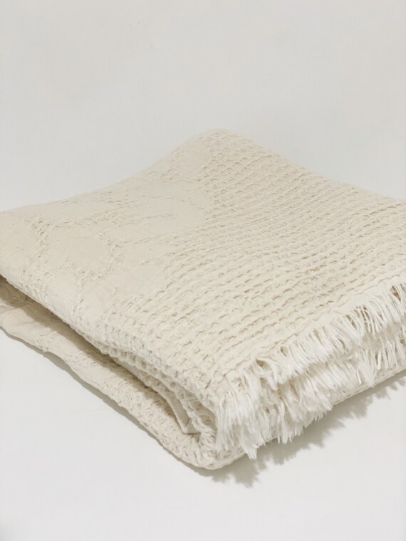 Deep Waffle Weave Throw Blanket, Hand Loomed Look with Fringed Edges