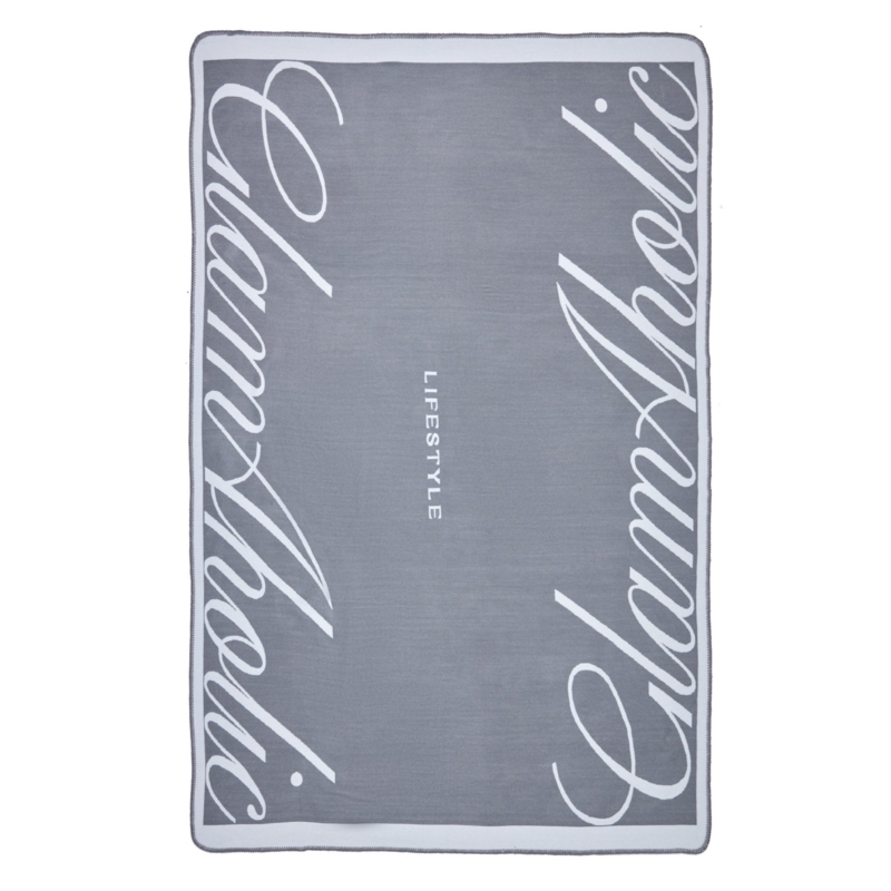 Designer Inspired Knit Throw with Repeating Gray Monogram Pattern