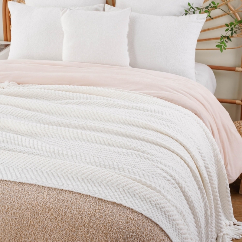 Diamond Weave Throw Blanket with Tasseled Fringe, Boho Chic Style