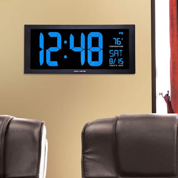 Digital Clock Blue LED Display Illuminated Industrial Matte Black Frame