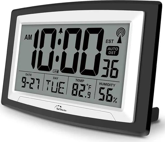 Digital Wall Clock Atomic Self Setting Black Frame Textured Wall Mount