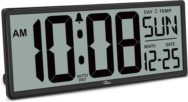 Digital Wall Clock Jumbo Numbers Black Matte Frame Temperature Display