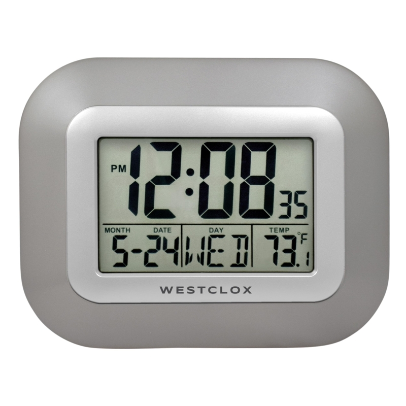 Digital Wall Clock Silver Metallic Frame LCD Display Temperature Readout