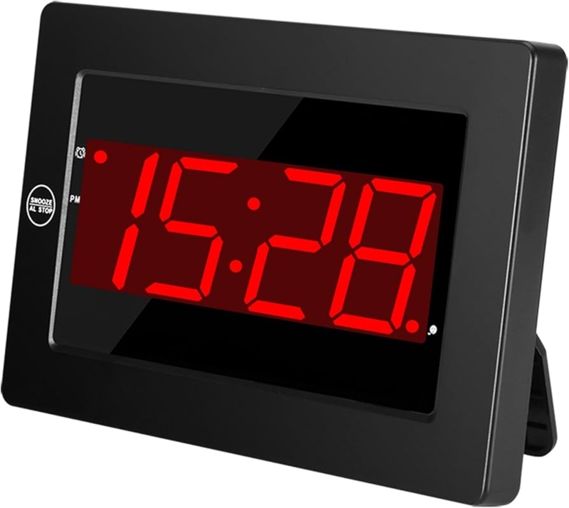 Digital Wall Clock Wood Panel Background Red LED Black Minimalist Frame