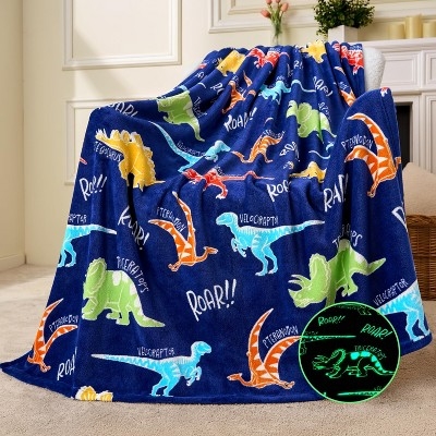 Dinosaur Throw Blanket Navy Blue Flannel Like Glow In The Dark