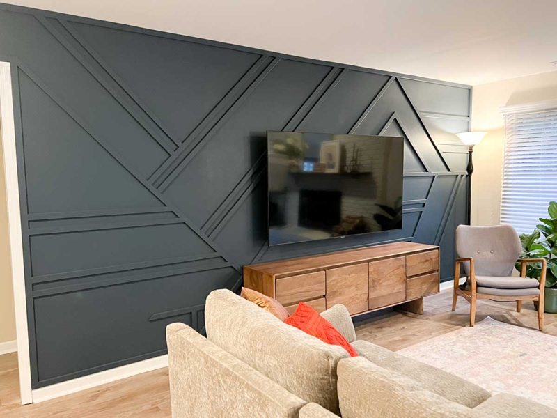 DIY Wood Strip Wall Design: Navy Geometric Panel Accent Wall