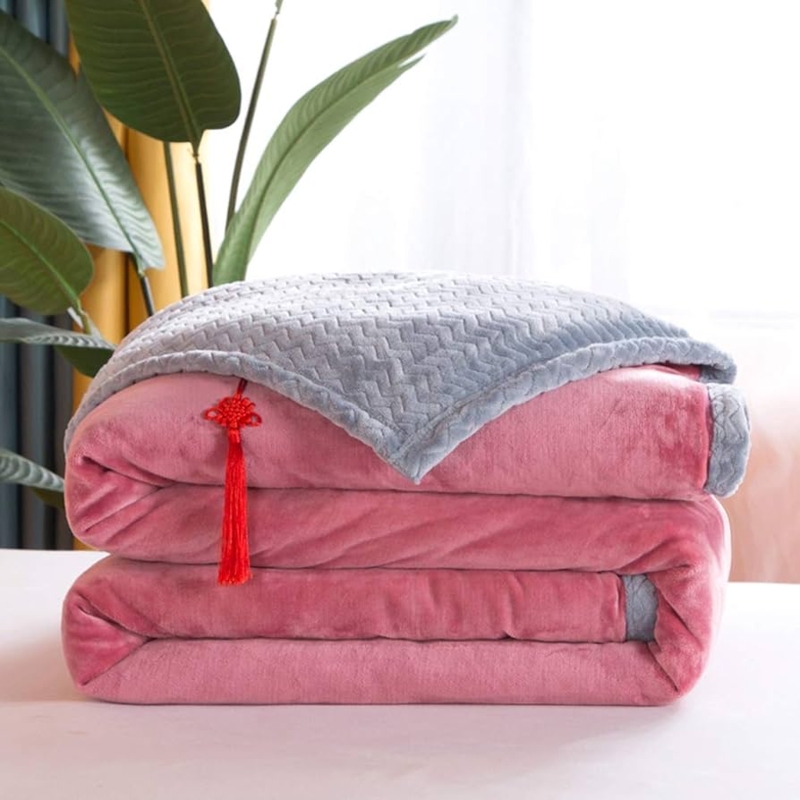Double Layer Throw Blanket Dusty Pink Ribbed Surface Fleece Reverse