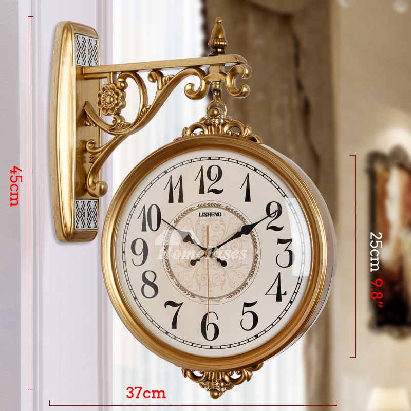 Double Sided Wall Clock featuring Black Marbling Dial and Ornate Bracket